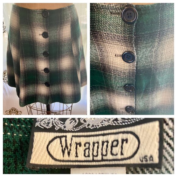 Vintage 90s WRAPPER Plaid Acetate Mini Skirt Academia Grunge Punk Y2K 11/12 USA - Picture 1 of 6